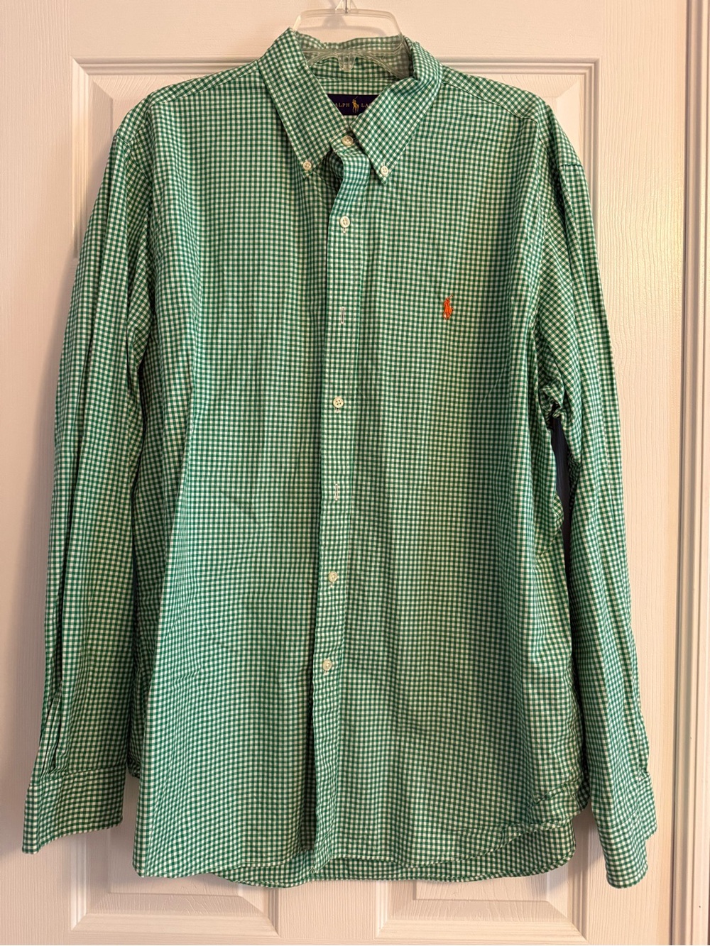 Ralph Lauren Green Gingham Button-Down Shirt with Orange Pony